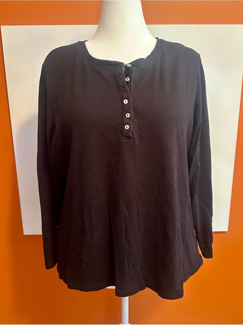 Coldwater Creek Black Velvet-Trim Henley Long Sleeve Top 2X